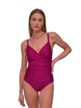 DKNY Ruched Twist One Piece Swimsuit Women’s US Size L Boysenberry Shimmer